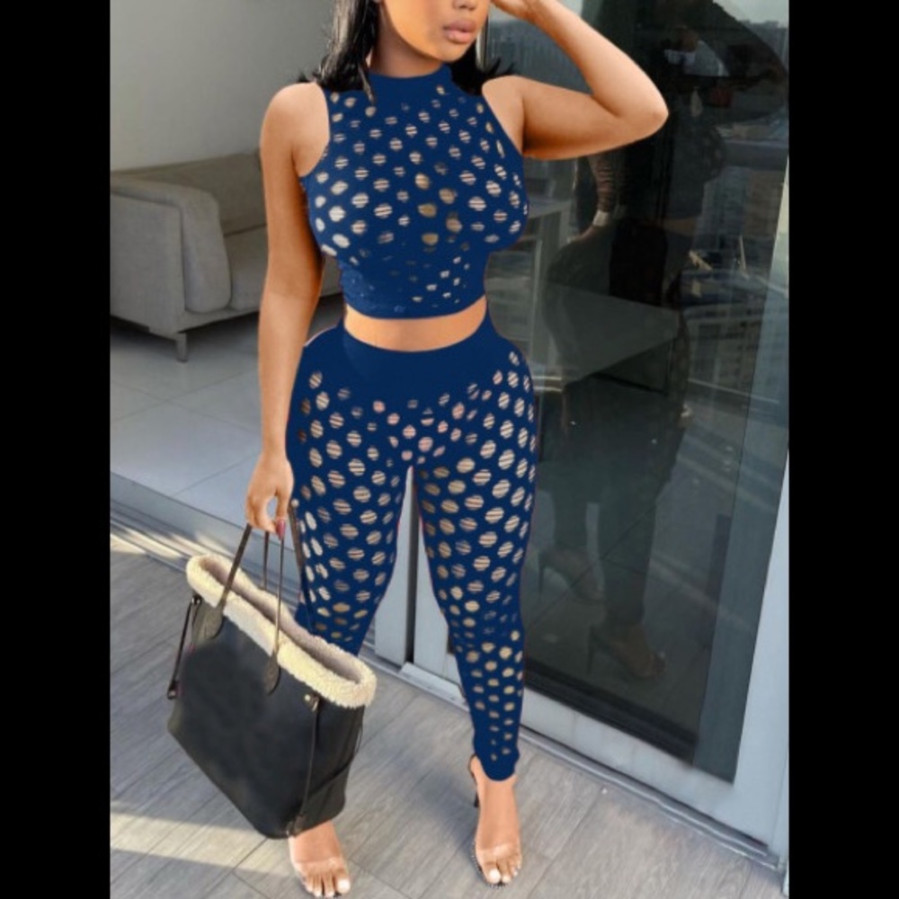 2Pc Sexy Blue Unique Hollow-out Crop Top Elastic Waist & Matching Legging Outfit